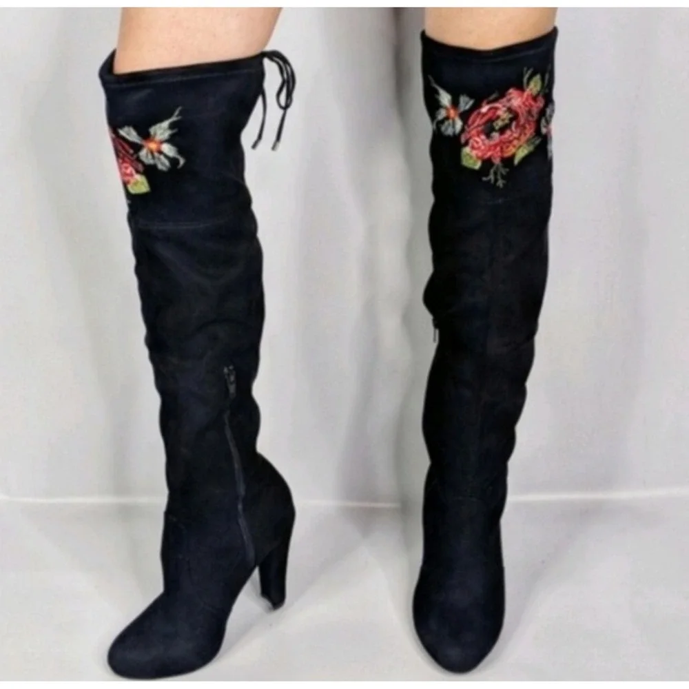 Zigi Soho Bryna Black Over The Knee Heeled Boot Embroider Floral Boho Hippie 6.5
